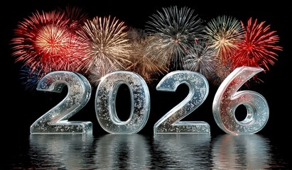 The numbers 2026 made of ice with fireworks in the background against a black sky and reflection on water surface for New Year