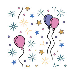  Festive Hand-Drawn Doodle Background with Party Balloons, Stars, and Confetti