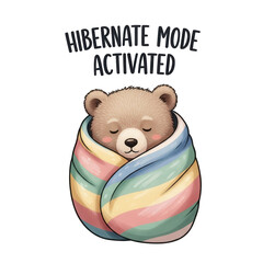 Obraz premium Adorable sleepy bear wrapped in a colorful blanket, signifying hibernation mode, isolated on transparent background.