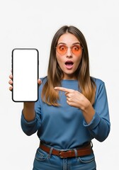 Surprised woman with orange glasses pointing at a blank smartphone screen for app promotion or mobile advertisement on a clean white background