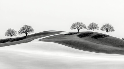 A serene black and white landscape featuring rolling hills, bare trees, and a winding path under a bright sky.