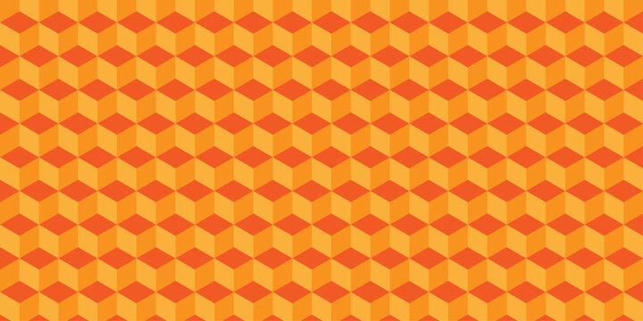 Cubic block orange wall texture pattern. seamless cube grid hexagon technology background. Geometric pattern illustration mosaic, square grid triangle wallpaper.	