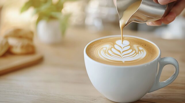 Barista Making Beautiful Latte Art with Milk Foam in Coffee Cup on a Wooden Table with Cookies in Background