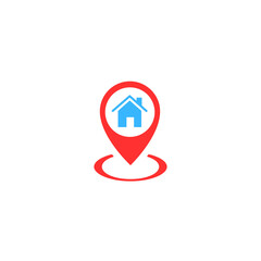 Red location pin with blue house icon on transparent background symbolizing home search