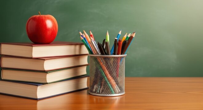 Educational still life A stack of books topped with a ripe red apple beside a metal cup brimming with colorful writing tools on a wooden desk, against a soft green blackboard