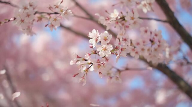 Close-up of delicate pink cherry blossoms on branches with blurred background and falling petals Keywords: cherry blossoms, sakura