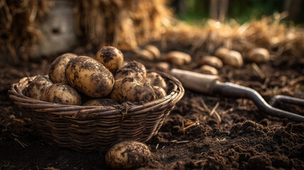 収穫されたばかりのじゃがいもと籠
