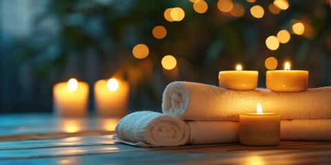 A serene spa setting with lit candles, rolled towels, and a tranquil ambiance.