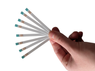 Urine reagent test strips held in hand, isolated on white. Diagnostic indicator strips designed to detect ketones and glucose for laboratory, research, or educational purposes.