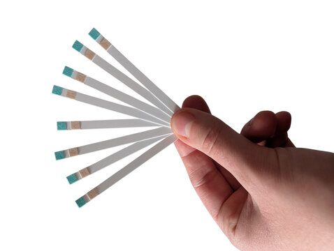 Urine reagent test strips held in hand, isolated on white. Diagnostic indicator strips designed to detect ketones and glucose for laboratory, research, or educational purposes.