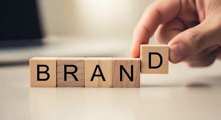 Hand placing the last letter block to complete the word brand, symbolizing brand building and identity
