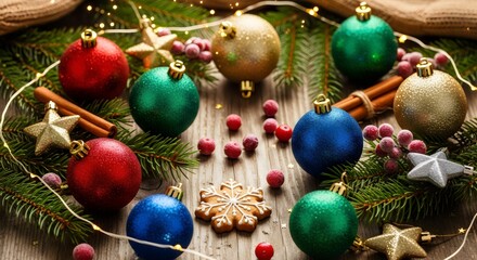 “Colorful Christmas ornaments with gifts and pine branches, traditional festive holiday arrangement, warm winter celebration decoration for seasonal use.”
