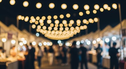Blurred outdoor night market with glowing string lights creating a beautiful bokeh effect, lively crowd enjoying the festive evening ambiance