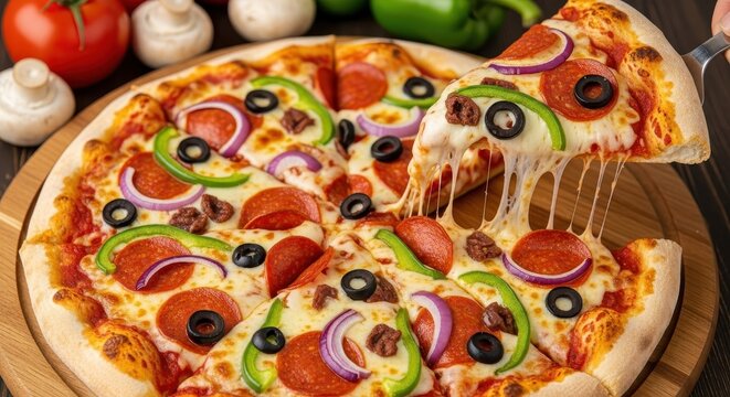 Overhead of a mouthwatering pizza with pepperoni, green peppers, olives, and onions on a wooden board with cheese strands