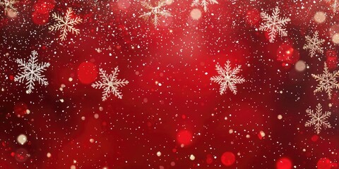 A festive red and white Christmas background with snowflakes and bokeh lights.