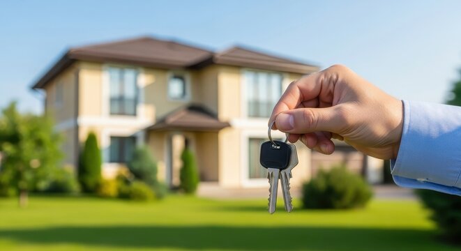Hand holding keys, symbolizing homeownership and new beginnings with a beautiful house in the background - Powered by Adobe