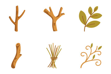 Fototapeta premium Tree branch icons, sprouting leaves, forked twigs, woody stems, bundled sticks, graceful vine curl, rustic botanical vector