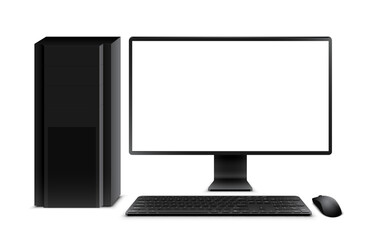 Vector illustration of black desktop pc, widescreen monitor with blank empty white screen, system unit, keyboard and mouse. Realistic mockup or template, isolated on white background