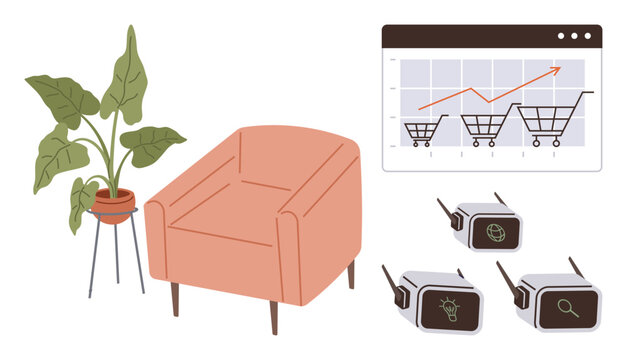 Cozy armchair beside a potted plant, chart tracking e-commerce sales growth, smart gadgets highlighting global connectivity and ideas. Ideal for e-commerce, innovation, analytics, digital marketing