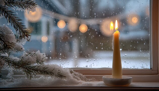 Burning taper candle illuminates a window scene with falling snow and frosted evergreen branch