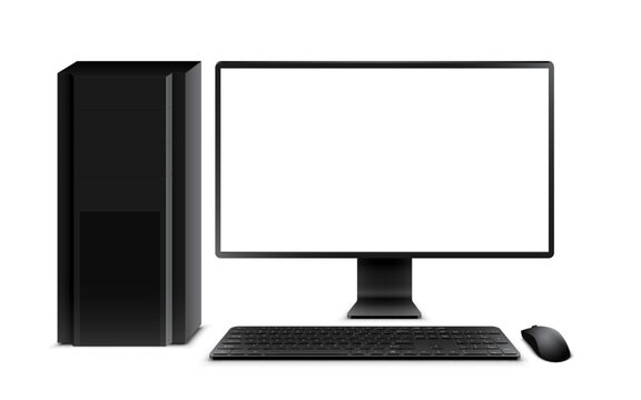 Vector illustration of black desktop pc, widescreen monitor with blank empty white screen, system unit, keyboard and mouse. Realistic mockup or template, isolated on white background