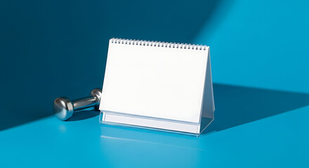 Fitness planner calendar with dumbbell on blue for health goals.