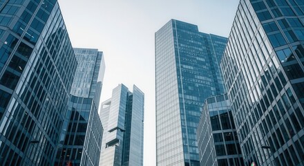 Modern glass skyscrapers reaching towards the sky, symbolizing corporate success, economic growth, and urban development in a bustling city