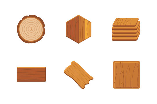 Assorted wooden boards collection, circular log end, square grain tile, curved offcut piece, stacked planks, rectangle panel, vector