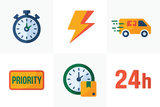 Shipping urgency tiles, stopwatch symbol, power lightning, courier truck, priority sticker, delivery time gauge, 24h service, vector