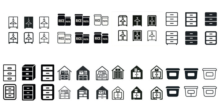Monochrome icon set: wardrobe, jars, drawers, home, containers for organization