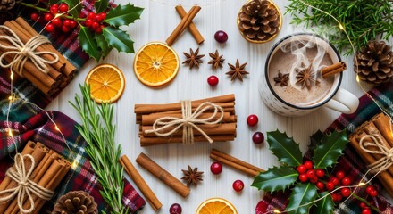 “Rustic Christmas flatlay with cinnamon, oranges, pine cones, natural winter decor, cozy festive arrangement, warm holiday seasonal aroma style.”
