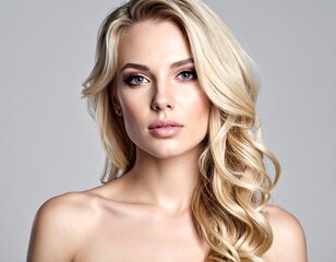 Naklejka premium Portrait of a fair-skinned woman with voluminous blonde hair and makeup, looking directly at the camera