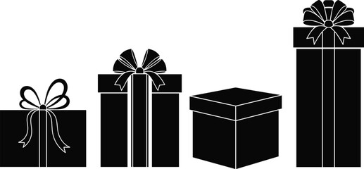 Elegant collection of gift box silhouettes with decorative bows and ribbons for celebration design, holiday packaging illustration, and festive graphics.