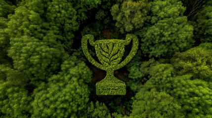 Eco Trophy Cup In Green Forest. Environmental Achievement, Sustainability Leadership, Nature Success Award, Green Solution Champion.