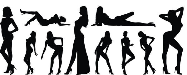 Sexy girl silhouette vector illustration set, fashion model woman posing in high heels, beautiful black female body figures collection