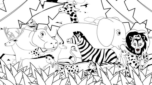 Animated video with several animals in black and white cartoon style, art, drawing.