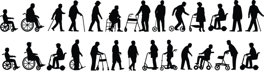 Obraz premium Senior people and disabled persons silhouette set, elderly using wheelchair walker cane and scooter for mobility, vector collection