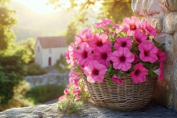 vibrant pink petunia flowers blooming in woven wicker basket