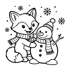 Fox and Snowman with Snowflakes vector illustration