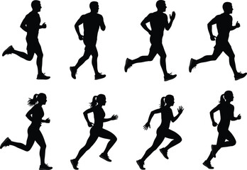 Running silhouette set, male and female jogger vector collection, marathon sprinter icons, and fitness training illustration.