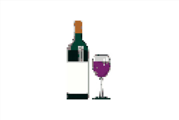 Pixel Art Red Wine Bottle and Glass. 8 bit. Game development, mobile app. Isolated vector illustration.