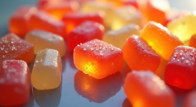 Many different colored gummy bears on a table