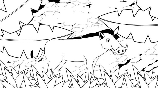 Animated video of a wild boar in black and white cartoon style, art, animal, 2D.
