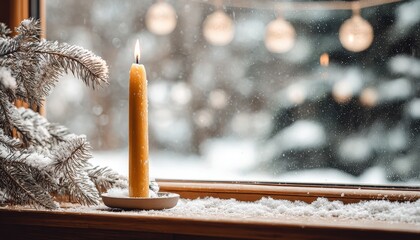 Tall yellow candle burns brightly on a snowy windowsill overlooking a winter scene