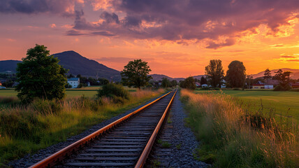 たそがれの田園を駆け抜ける線路の景色