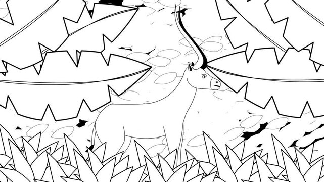 Animated video of an antelope in black and white cartoon style, art, animal, 2D.