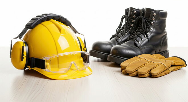 A set of personal protective equipment with a hard hat, glasses, gloves, and boots on a wooden surface. Workplace safety and health concept.