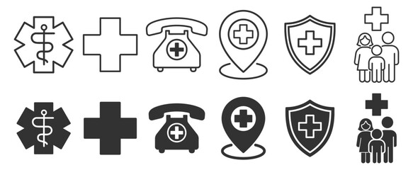 Medical cross and emergency support symbols with shield, phone and family protection on transparent background
