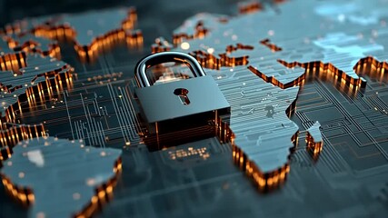 Global cybersecurity concept with a padlock over a digital world map and circuit patterns in the background - Powered by Adobe