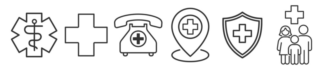 Obraz premium Medical cross and emergency support symbols with shield, phone and family protection on transparent background
